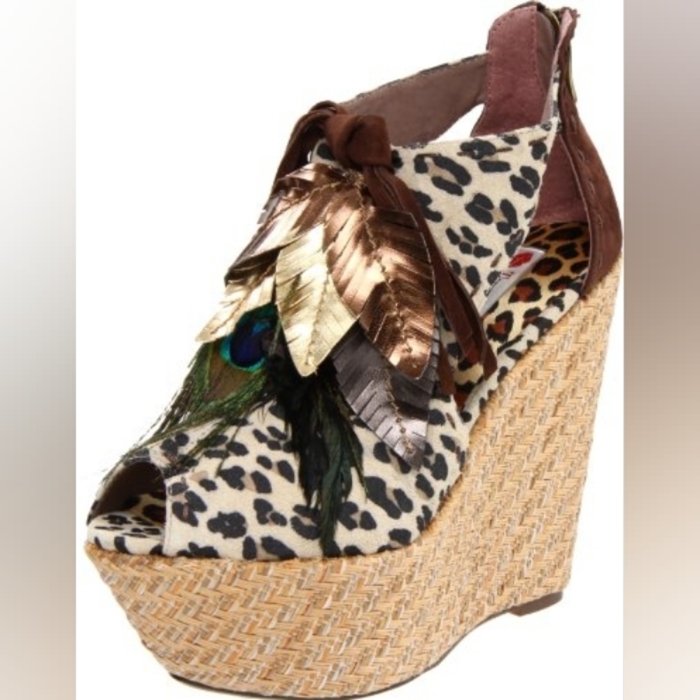 "FEARLESS AMBITION" Leopard Print Wedge Sandals with Feather Detail